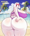 2023 anthro beach big_butt bikini bikini_thong biped boss_monster_(undertale) bovid breasts butt caprine clothing female fingers hi_res holding_butt huge_butt looking_back mammal matospectoru mature_female rear_view seaside smile solo swimwear thick_thighs toriel two-piece_swimsuit undertale undertale_(series) white_body