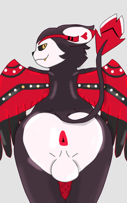anthro anus backsack balls bicolored_fur butt genitals grey_background heart_(marking) looking_at_viewer looking_back looking_back_at_viewer male markings penile_spines penis presenting presenting_hindquarters rear_view simple_background smile snaggle_tooth solo tail tapering_penis wings muwulan hazbin_hotel hellaverse husk_(hazbin_hotel) domestic_cat felid feline felis mammal 5:8 absurd_res hi_res
