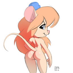 anthro breasts butt female hair hands_on_hips long_hair looking_at_viewer nude smile solo standing xylas chip_'n_dale_rescue_rangers disney gadget_hackwrench mammal mouse murid murine rodent 1:1 2019 colored sketch