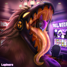 anthro bodily_fluids brown_body brown_fur casino chair chandelier detailed_background dripping drooling drooling_tongue duo extreme_size_difference fur furniture imminent_vore in_throat inside machine macro_anthro male male/male mawplay micro mouth_shot open_mouth oral_vore predator/prey protogen_visor saliva saliva_drip saliva_on_tongue saliva_string size_difference slot_machine soft_vore swallowing tongue trapped vore vore_implied lupinera felid feline lynx mammal protogen absurd_res hi_res