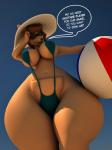 anthro ball beach_ball big_breasts big_butt bikini breasts brown_hair butt clothed clothing dialogue female hair holding_ball holding_object huge_butt huge_hips inflatable looking_at_viewer low-angle_view navel one-piece_swimsuit open_mouth pool_toy pouch_(anatomy) simple_background sling_bikini smile solo speech_bubble swimwear text thick_thighs two-piece_swimsuit wide_hips anthroanim abigail_roo kangaroo macropod mammal marsupial 2016 3:4 3d_(artwork) absurd_res digital_media_(artwork) english_text hi_res