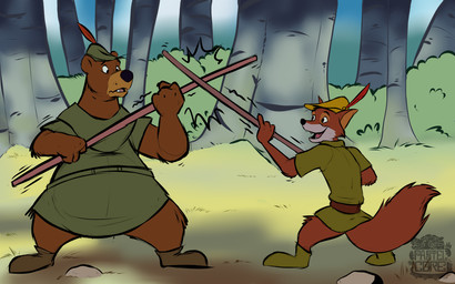 anthro belly belt bottomless bottomless_male brown_body brown_fur bycocket clothed clothing duo fight footwear forest fur gesture green_clothing hat hat_feather headgear headwear loose_feather male motion_lines nervous_look open_mouth outside overweight overweight_anthro overweight_male plant play_fight quarterstaff raised_finger raised_pinky red_body red_fur shirt shoes smile spread_legs spreading standing teeth_showing topwear tree tunic pastelcore little_john robin_hood bear brown_bear canid canine fox mammal red_fox true_fox ursine hi_res