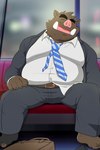 anthro belly big_belly bottomwear clothing detailed_background eyes_closed kemono male necktie overweight overweight_male pants shirt sitting solo topwear shibatanukiti mammal suid suina sus_(pig) wild_boar 2024 hi_res