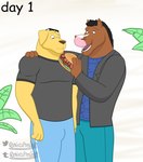 anthro bulge burger clothed clothing duo eyewear eyewear_on_head food fur male male/male sunglasses sunglasses_on_head tempting mintsfresh69 bojack_horseman netflix bojack_horseman_(character) mr._peanutbutter bird_dog canid canine canis domestic_dog equid equine golden_retriever horse hunting_dog mammal retriever hi_res