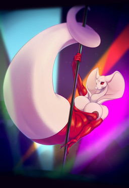 5_fingers apode areola areola_slip armwear big_breasts breasts clothed clothing dancing dress elbow_gloves eyelashes female fingers gloves handwear huge_breasts legless non-mammal_breasts pole pole_dancing pupils red_sclera scales serpentine slit_pupils solo topwear white_body white_scales buxbi draconcopode naga reptile scalie snake 2020 hi_res
