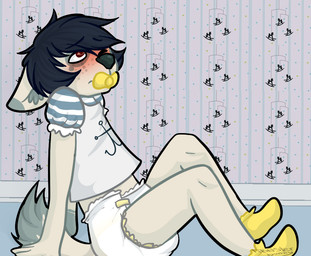 ambiguous_gender anthro blush clean_diaper clothed clothing detailed_background diaper dipstick_ears dipstick_tail ear_markings fur hair markings multicolored_ears object_in_mouth pacifier pacifier_in_mouth shirt sitting solo tail tail_markings topwear wearing_diaper monsterbunny gally_(monsterbunny) canid canine canis domestic_dog mammal 2014 archived_source digital_drawing_(artwork) digital_media_(artwork) signature