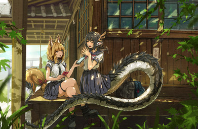 5_fingers accessory animal_ears asian_clothing black_clothing black_footwear black_hair black_shoes blonde_hair bottomwear breasts building clothing crossed_legs detailed_background duo east_asian_clothing electronics eyes_closed female fingers footwear furgonomics grass hair holding_object holding_phone horn japanese_clothing japanese_school_uniform leaf outside phone plant red_ribbon ribbons school_uniform shirt shoes sitting skirt tail tail_accessory tail_ribbon topwear uniform white_clothing white_shirt white_topwear 159cm mythology animal_humanoid canid canid_humanoid canine canine_humanoid dragon dragon_taur eastern_dragon eastern_dragon_taur fox_humanoid humanoid mammal mammal_humanoid mythological_creature mythological_scalie scalie taur