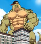 abs anthro backwards_baseball_cap backwards_hat baseball_cap big_muscles body_hair building chest_hair city clothing convenient_censorship countershade_face countershade_torso countershading green_body hat hat_only headgear headgear_only headwear headwear_only looking_down macro male mostly_nude muscular muscular_anthro muscular_male nipples non-mammal_nipples sky solo stubble darknaigart jace_(darknaig) dinosaur prehistoric_species reptile scalie theropod tyrannosaurid tyrannosauroid tyrannosaurus tyrannosaurus_rex 2025 absurd_res hi_res