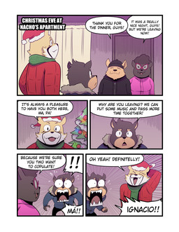5_panel_comic anthro black_body black_hair bottomwear christmas_clothing christmas_headwear christmas_tree clothed clothing coat cute_fangs dialogue embarrassed exclamation_point eyewear fangs female front_view fur glasses group hair hand_behind_head happy hat headgear headwear holidays inside jaw_drop male name_in_dialogue pants pink_eyewear pink_glasses plant sad santa_hat scarf smile speech_bubble teeth text thanking topwear tree wide_eyed yellow_body yellow_fur t0l0k christmas jesus_(t0l0k) nacho_(t0l0k) canid canine canis cheetah chihuahua domestic_dog felid feline mammal toy_dog comic english_text hi_res multiple_scenes father_(lore) father_and_child_(lore) father_and_son_(lore) mother_(lore) mother_and_child_(lore) mother_and_son_(lore) parent_(lore) parent_and_child_(lore) parent_and_son_(lore) son_(lore)
