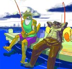 anthro bottomwear brown_body brown_fur clothing duo fishing footwear fur hat headgear headwear kemono male navel outside pants sandals shirt shoes sitting topwear water white_body white_fur motogen canid canine canis domestic_dog mammal 2006