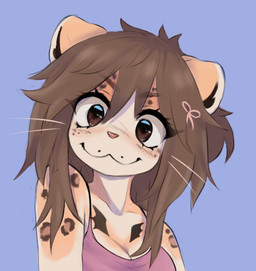 :3 anthro blush breasts brown_eyes brown_hair cleavage clothed clothed_anthro clothed_female clothing female female_anthro fur hair looking_at_viewer orange_body orange_fur pink_nose solo tan_body tan_fur whiskers buup felid leopard mammal pantherine 2025 digital_media_(artwork) hi_res portrait