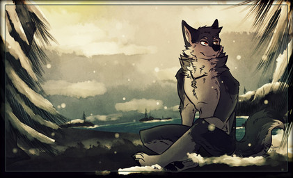 anthro detailed_background evergreen_tree forest jewelry male neck_tuft necklace outside pine_tree plant red_eyes sitting sitting_on_ground snow solo tail text tree tuft aspenbear sadwyn canid canine canis mammal wolf artist_name