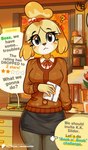 anthro clothing detailed_background dialogue eyebrows eyelashes female fingers front_view hair inside looking_at_viewer solo text nevobaster animal_crossing nintendo isabelle_(animal_crossing) canid canine canis domestic_dog mammal shih_tzu toy_dog 2025 absurd_res digital_media_(artwork) english_text hi_res