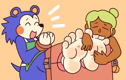 4_toes anthro apron barefoot black_nose blonde_hair blue_body blue_fur bound clothing duo eyes_closed feet female foot_fetish foot_in_mouth foot_suck fur green_apron green_clothing hair hands_tied humanoid_feet laugh multicolored_body multicolored_fur open_mouth open_smile plantigrade quills_(anatomy) restraints simple_background smile soles stocks sucking tail tan_background tickle_fetish tickle_torture tickling tickling_feet toe_in_mouth toe_suck toes white_body white_fur yellow_inner_ear compysteps animal_crossing nintendo mabel_able eulipotyphlan hedgehog human mammal absurd_res hi_res