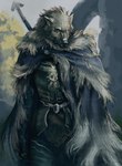 anthro armor blaidd_(elden_ring) canid canine canis cape clothing detailed digital_media_(artwork) digital_painting_(artwork) elden_ring eyrri fromsoftware fur grey_body grey_fur hi_res male mammal one_eye_closed outside scar solo soundless_(artist) weapon weapon_on_back wolf