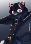 anthro belt black_body black_fur buckle female fur gradient_background pink_eyes sharp_teeth simple_background smile solo teeth colo black_cat_(colo) domestic_cat felid feline felis mammal 2020 hi_res