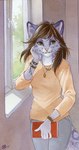 5_fingers anthro biped book bracelet brown_hair clothed clothing female fingers fully_clothed fur hair inner_ear_fluff inside jewelry looking_at_viewer markings orange_eyes pink_nose purple_body purple_fur purple_spots solo spots spotted_body standing tuft window nekoart ketty_(character) felid mammal pantherine snow_leopard 2015 painting_(artwork) traditional_media_(artwork) watercolor_(artwork)