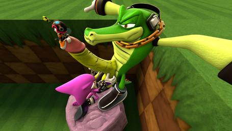 anthro armor ball_grab balls big_penis chain chain_necklace clothing electronics erection footwear genitals gold_(metal) gold_jewelry gold_necklace group group_sex half-closed_eyes happy headgear headphones helmet huge_penis hyper hyper_genitalia hyper_penis insect_wings jewelry larger_male male male/male male_on_bottom male_on_top narrowed_eyes necklace non-mammal_balls on_bottom on_top penis sex shoes sitting size_difference smaller_male smile standing tail thick_penis threesome trio vein veiny_penis wings synjodeonecros sega sonic_the_hedgehog_(series) charmy_bee espio_the_chameleon vector_the_crocodile arthropod bee chameleon crocodile crocodilian hymenopteran insect lizard meller's_chameleon reptile scalie 16:9 2014 3d_(artwork) digital_media_(artwork) hi_res widescreen