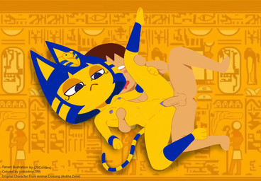 3_fingers 3_toes :< anthro anthro_penetrated balls bangs bedroom_eyes blue_hair blue_insides blue_nipples blue_vulva bob_cut bodily_fluids brown_hair clitoris drooling duo egyptian empty_eyes featureless_feet featureless_hands feet female female_penetrated fingers from_behind_position fur genitals hair human_on_anthro human_penetrating human_penetrating_anthro interspecies male male/female male_penetrating male_penetrating_female markings narrowed_eyes navel nipples nude penetration penile penile_penetration penis penis_in_vagina saliva seductive sex spoon_position spooning striped_markings striped_tail stripes sweat sweatdrop tail tail_markings text toes unusual_insides uraeus vaginal vaginal_penetration vulva white_eyes yellow_body yellow_fur 23condex animal_crossing ankha_zone nintendo ankha_(animal_crossing) villager_(animal_crossing) domestic_cat felid feline felis human mammal artist_name english_text hi_res hieroglyphic_text lineless