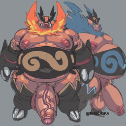 anthro balls belly big_balls big_belly big_penis genitals huge_penis looking_at_viewer male navel nipples overweight overweight_male pecs penis red_eyes side_view solo standing vein veiny_penis enbooka nintendo pokemon emboar generation_5_pokemon pokemon_(species) 1:1 hi_res