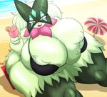 anthro beach beach_umbrella big_breasts breasts curvy_figure female fur green_body green_fur holding_object holding_wine_glass huge_breasts huge_hips huge_thighs hyper hyper_hips hyper_thighs looking_at_viewer open_mouth outside parasol solo thick_thighs voluptuous wide_hips nightlyflare nintendo pokemon generation_9_pokemon meowscarada pokemon_(species) 2024 hi_res