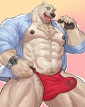 abs anthro asian_clothing body_hair chest_hair clock clothing east_asian_clothing erection erection_under_clothing food fundoshi japanese_clothing male mature_male muscular muscular_male navel nipples red_clothing red_fundoshi red_underwear simple_background solo tenting tongue tongue_out underwear watch wristwatch adios pocky artie_(adios) bear mammal polar_bear ursine 2025 colored hi_res