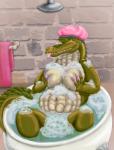 areola bath bathing bathtub big_breasts blep breast_squish breasts bubble_bath claws female green_body holding_breast looking_at_viewer nipples nude pink_nipples reclining scales sharp_teeth shower_cap solo squish tail teeth tongue tongue_out yellow_sclera lokidragon87 crocodile crocodilian reptile scalie absurd_res hi_res