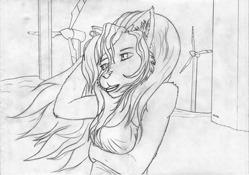 anthro clothed clothing female solo thinking thoughtful_expression wind windmill yoyofreakcj domestic_cat felid feline felis mammal graphite_(artwork) mixed_media monochrome pen_(artwork) traditional_media_(artwork)