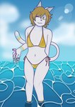 anthro beverage bikini bikini_bottom bikini_top blonde_hair blue_eyes clothed clothing cloud crossdressing gold_bikini grey_body hair holding_beverage holding_object ice_cube lens_flare male navel one_eye_closed outside partially_submerged sea seascape side-tie_bikini side-tie_clothing side-tie_swimwear sky string_bikini stripes swimwear two-piece_swimsuit water wink graycatluna golden_week haley_(graycatluna) domestic_cat felid feline felis mammal absurd_res hi_res andromorph_(lore) nonbinary_(lore)