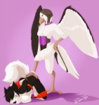 anthro ass_up bdsm bondage bound butt butt_grab collar dominant dominant_female duo feathered_wings feathers female female/female hand_on_butt hands_behind_back lying on_front submissive submissive_female tail wings magpie_(artist) ryunwoofie miasma_(character) avian canid canine canis domestic_dog husky mammal nordic_sled_dog spitz 2011