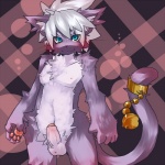 :3 abstract_background accessory anthro balls bell biped blue_eyes chest_tuft erection fluffy fur furgonomics genitals grey_hair hair looking_at_viewer male pawpads penis smile solo tail tail_accessory tail_bell tuft kosian domestic_cat felid feline felis mammal 1:1 hi_res