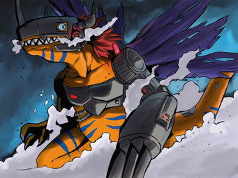 claws horn markings mechanical_arm metallic_body smoke smoke_from_mouth standing striped_body striped_markings stripes wings denmander bandai_namco digimon digimon_(species) greymon digital_media_(artwork) digital_painting_(artwork) hi_res painting_(artwork) shaded