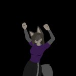 anthro black_bottomwear black_clothing black_pants bottomwear breasts brown_hair closed_hands clothing dancing dark_ears facial_markings female fox_ears fur grey_body grey_fur grey_tail hair head_markings markings pants purple_clothing purple_shirt purple_topwear shirt small_breasts solo striped_face stripes tail tan_body tan_fur topwear garfieldkartisfun adidas maya_(gkif) hybrid 1:1 alpha_channel