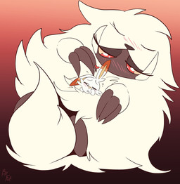 ambiguous_gender anthro biped blush blush_lines buckteeth cheek_tuft claws duo eyes_closed facial_tuft feral finger_claws fluffy heart_symbol holding_another larger_ambiguous larger_feral looking_at_another lying on_back open_mouth rubbing_eyes scut_tail short_tail simple_background size_difference smaller_ambiguous smaller_anthro tail teeth tongue tuft white_body fuf nintendo pokemon generation_8_pokemon pokemon_(species) scorbunny wa-urufu 2019 hi_res
