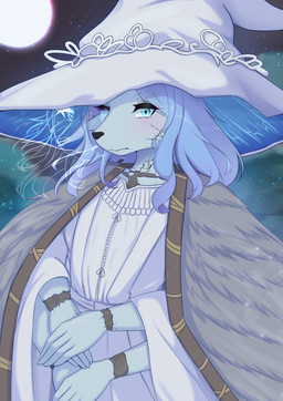 4_arms alternate_species anthro big_hat blue_body blue_fur blue_hair clothed clothed_female clothing cracked_skin doll doll_joints female fur furrification hair hands_together hat headgear headwear light magic_user moon moonlight multi_arm multi_limb night one_eye_closed outside solo standing wizard_hat shano_541 elden_ring fromsoftware ranni_the_witch animate_inanimate canid canine canis living_doll mammal wolf absurd_res hi_res