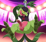 anthro anus balls bottomless butt butt_from_the_front clothed clothing dancing dirty dirty_feet erection feet foreskin genitals green_body hat headgear headwear humanoid_genitalia humanoid_penis leaf leaf_hair leaf_tail looking_at_viewer male multicolored_body open_mouth penis plant plant_hair pole pole_dancing pseudo_hair red_body retracted_foreskin semi-anthro shirt smegma smile solo tail team_rocket_uniform tongue tongue_out topwear two_tone_body yellow_sclera dracovar_valeford nintendo pokemon team_rocket generation_3_pokemon grovyle pokemon_(species) absurd_res digital_media_(artwork) hi_res