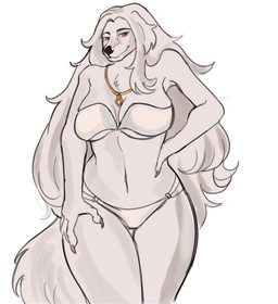 5_fingers anthro big_breasts bikini bikini_bottom bikini_top breasts clothed clothed_anthro clothed_female clothing female fingers fur hair huge_breasts humanoid_hands jewelry navel necklace smile solo standing strapless_bikini strapless_clothing strapless_swimwear swimwear two-piece_swimsuit white_body white_fur white_hair animag fiona_ashe afghan_hound canid canine canis domestic_dog hunting_dog mammal sighthound