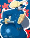 2016 anthro anthrofied back_boob beard big_breasts big_butt black_claws blue_background blush bodily_fluids breasts butt claws condom condom_in_mouth dialogue facial_hair fdokkaku female generation_5_pokemon hair hand_on_butt hands_on_hips heart_symbol hi_res horn huge_breasts huge_butt looking_at_viewer looking_back mouth_hold nintendo nude object_in_mouth pictographics pokemon pokemon_(species) pokemorph red_eyes red_nose samurott sexual_barrier_device side_boob simple_background smile solo speech_bubble sweat unused_condom white_hair wrapped_condom