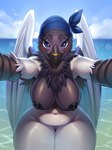 anthro beak beak_piercing big_breasts black_nipples blue_eyes breasts facial_piercing feathered_wings feathers female furgonomics furry-specific_piercing genitals kerchief looking_at_viewer neck_tuft nipples non-mammal_breasts non-mammal_nipples nude outside piercing pussy sky solo thick_thighs thigh_gap tuft water wide_hips wings rizapiska avian bird corvid oscine passerine hi_res