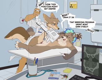 andromorph anthro clothing coat dialogue duo intersex intersex/male knot lab_coat lying male nude on_back onomatopoeia penetration piercing raised_leg sound_effects standing text topwear vaginal vaginal_penetration x-ray_machine x-ray_view ittybittykittytittys kuiper_(oatweasel) tukamos_(character) canid canine canis coyote gulonine mammal marten mustelid musteline pine_marten english_text hi_res