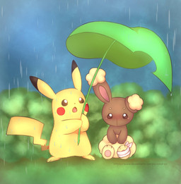 ambiguous_gender bandage bodily_fluids brown_body cheek_spots cloud duo fur grass holding_leaf holding_object holding_umbrella leaf leaf_umbrella male open_mouth outside pawpads paws plant pupils raining red_cheeks shrub sitting sky standing tail tears text tongue umbrella white_pupils wounded yellow_body yellow_tail piyolondres nintendo pokemon buneary generation_1_pokemon generation_4_pokemon pikachu pokemon_(species) 2022 hi_res url