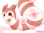 anus bedding bedding_background blush bodily_fluids brown_body brown_eyes brown_fur clitoris disembodied_hand female feral fur genital_fluids genitals pawpads pillow pink_anus pink_pawpads pink_pussy pussy solo spread_anus spread_pussy spreading striped_body striped_fur stripes tan_body tan_fur urethra vaginal_fluids nakimayo nintendo pokemon furret generation_2_pokemon pokemon_(species) digital_drawing_(artwork) digital_media_(artwork) hi_res