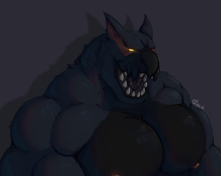 anthro big_muscles big_pecs black_body black_fur front_view fur grey_background grey_body grey_fur huge_muscles huge_pecs looking_at_viewer male male_anthro muscular muscular_anthro muscular_male nipples nude open_mouth pecs pupils red_nipples simple_background slit_pupils solo yellow_eyes gryblak capcom monster_hunter flying_wyvern nargacuga 2021 bust_portrait dated portrait signature