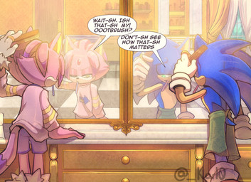 anthro bathroom brush brushing brushing_teeth clothing comb_(brush) counter dialogue digit_ring duo female hairbrush indirect_kiss jewelry male male/female married married_couple mirror mirror_reflection morning oversized_clothing oversized_topwear reflection ring speech_bubble text toothbrush toothbrush_in_mouth topwear towel towel_around_waist wedding_ring karl0 sega sonic_the_hedgehog_(series) blaze_the_cat sonic_the_hedgehog domestic_cat eulipotyphlan felid feline felis hedgehog mammal absurd_res hi_res