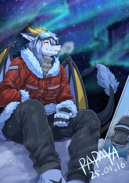 anthro aurora_(phenomenon) black_bottomwear black_clothing black_pants blue_hair bottomwear breath clothed clothing eyewear eyewear_on_head goggles goggles_on_head hair jacket male membrane_(anatomy) membranous_wings night open_mouth orange_eyes outside pants red_clothing red_jacket red_topwear sitting solo tail tail_tuft topwear tuft white_body white_wings wings yellow_wings papayafurry mythology dragon mythological_creature mythological_scalie scalie 2025 dated hi_res signature