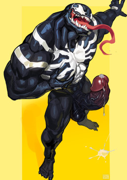 balls big_penis biped black_body bodily_fluids curved_penis erection genital_fluids genitals male muscular muscular_humanoid muscular_male nude open_mouth penis solo tongue tongue_out dendryte_axxon marvel venom_(marvel) alien humanoid symbiote 2026 absurd_res hi_res