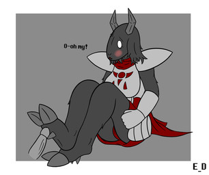 anthro armor blush breasts camel_toe clothing dialogue digitigrade female floppy_ears flustered fur genitals grey_body grey_fur hooves horn lop_ears nervous penis solo text erotic_diversion oldentale wiki_(oldentale) bovid caprine goat mammal monster english_text hi_res