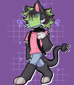 anthro clothed clothed_anthro clothed_male clothing ears_up electronics eyes_closed hair male male_anthro monitor pattern_background simple_background smile solo tail walking neonriot kira_(mdc) humanoid cel_shading digital_drawing_(artwork) digital_media_(artwork) hi_res shaded signature