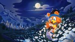 anthro beanie blue_eyes city cityscape clothing cloud flower flower_field footwear fur grass_field hat headgear headwear male moon mountain night orange_body orange_fur plant shoelaces shoes sky sneakers solo star starry_sky sheylog sega sonic_the_hedgehog_(series) fan_character bear mammal absurd_res hi_res