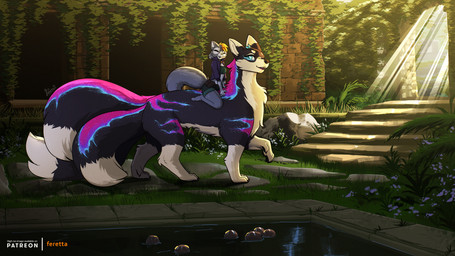 black_body black_fur blue_body blue_eyes blue_fur bottomwear clothing crop_top eyes_closed female fern fur galaxy_fur grass grey_body grey_fur hair jacket orange_hair pink_body pink_fur plant purple_body purple_fur quadruped riding riding_on_back scenery shirt shorts smile swimming_pool tan_body tan_fur temple topwear water feretta sinopa_(m18wolf) vixavil_hayden canid canine fox mammal mol'aqa red_fox silver_fox true_fox hi_res